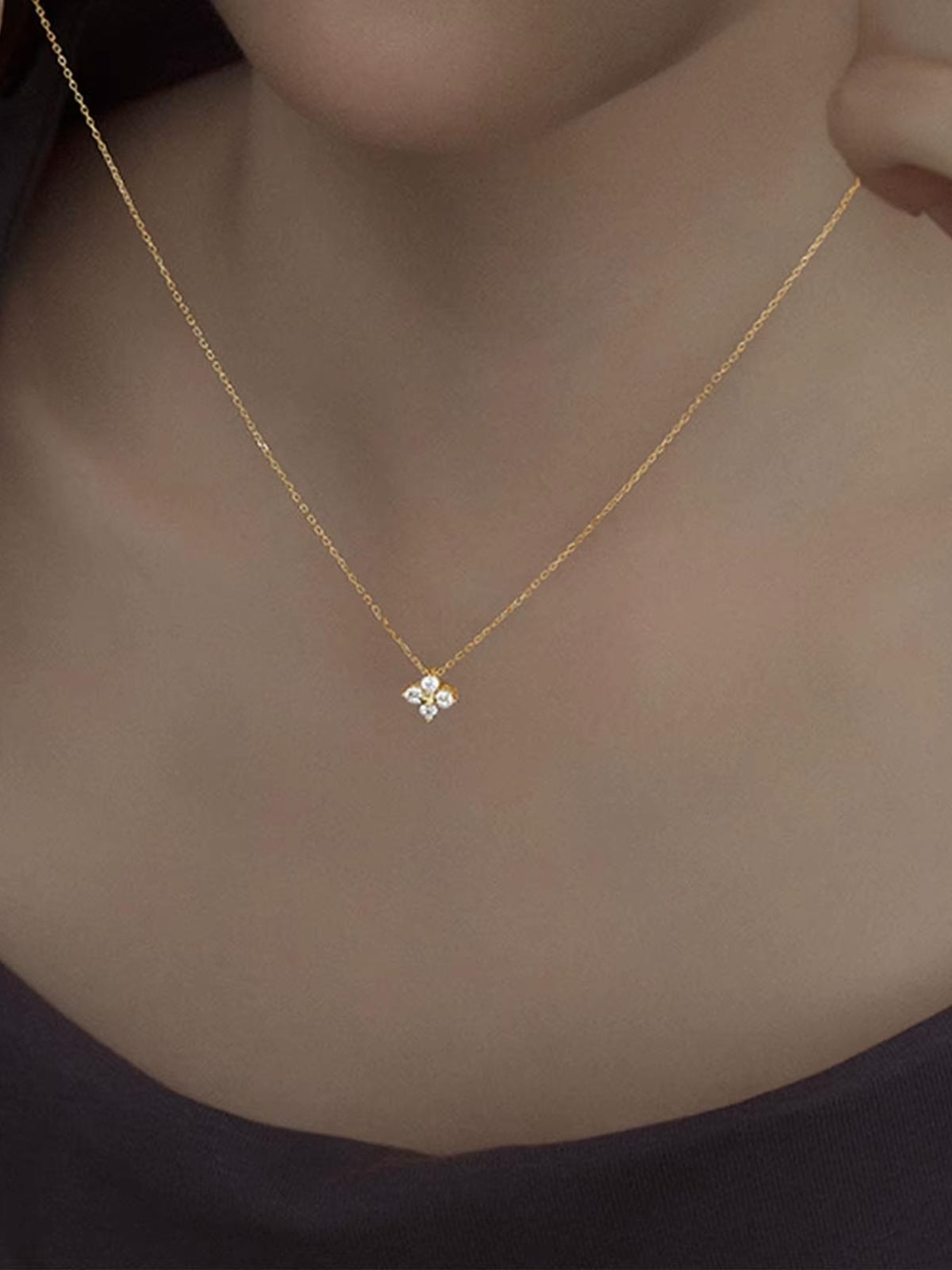 Gold Floral CZ Cluster Pendant Necklace - Picture 2 of 4